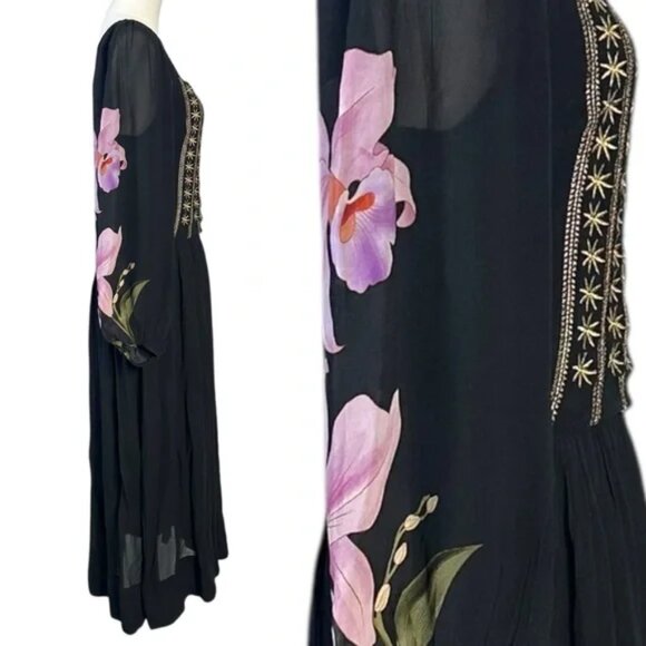 FARM Rio Embroidered Goddess Orchid Floral Bishop Sleeve Midi Dress Black XS - Picture 12 of 13